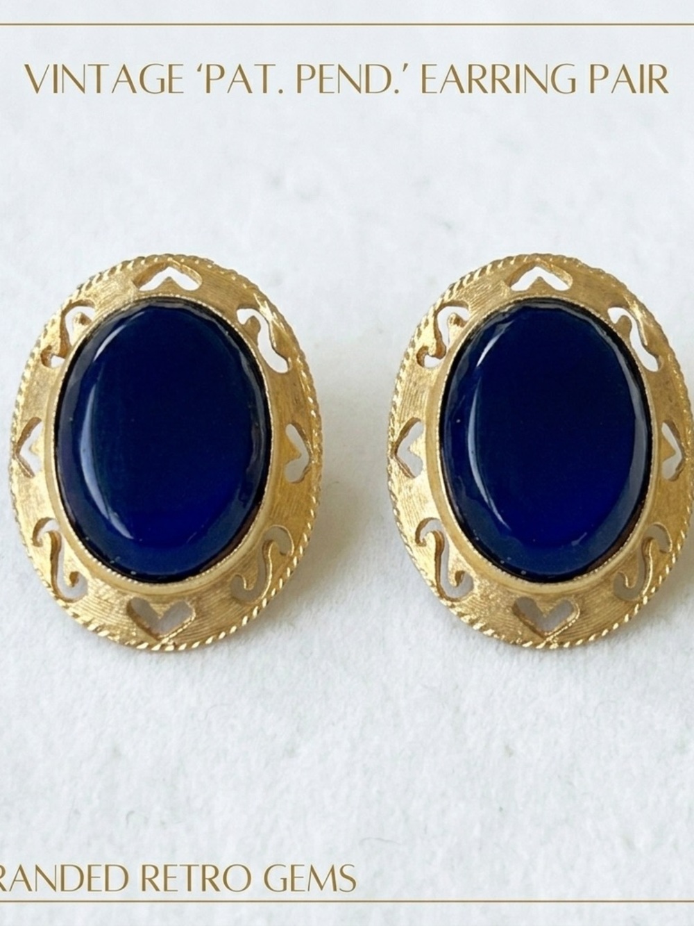 Vintage Gold Tone Deep Blue Cabochon Clip-On Earrings Pat Pend